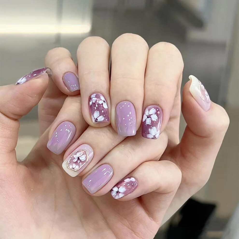 Purple Ombre Cat Eye Coffin Press On Nails 24Pcs Easy Apply Reusable Acrylic Fake Nails For Women