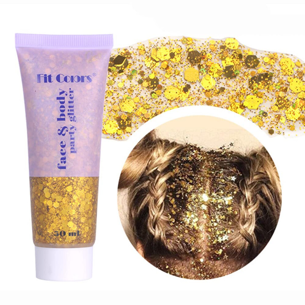 Gold Body Glitter Gel With Mermaid Sequins, Chunky Holographic Shine For Face Hair Makeup, 50G