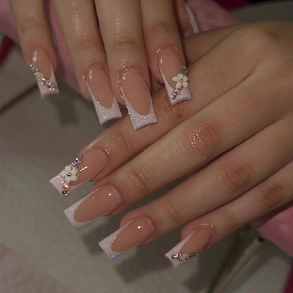 Long Square Press on Nails Purple French Tip Fake Nails 24pcs Instant Salon Manicure with Glitter
