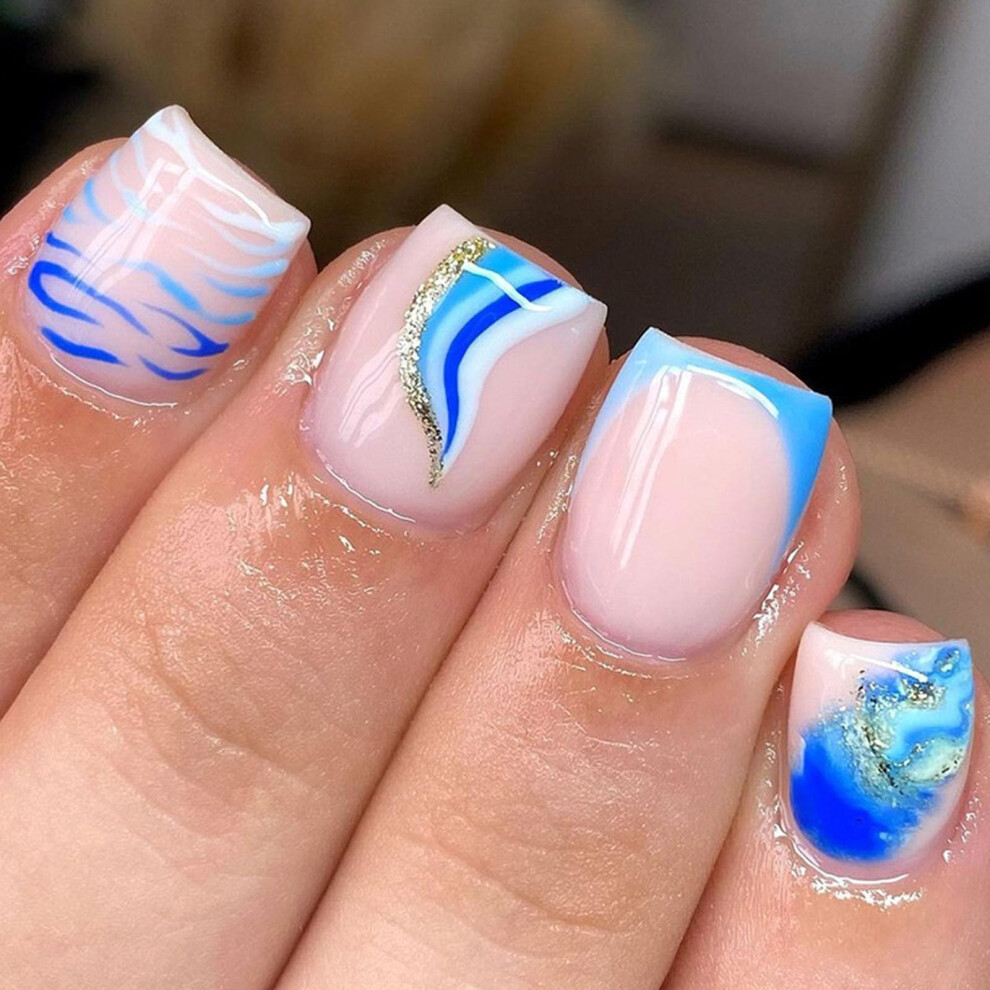 Blue,White,Gold Short Square Press On Nails Blue And White Leopard With Gold Glitter Fake Nails 24Pcs Reusable