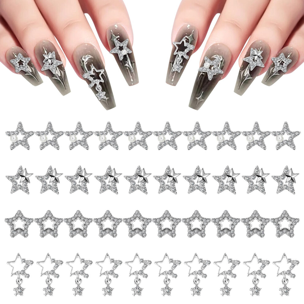 Silver 40Pcs Star Nail Charms With Rhinestones, 3D Alloy Decorations For Diy Nail Art