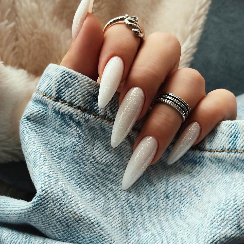 Long White Almond Press On Nails with Glitter Stiletto Shape Full Cover Fake Nails for Women