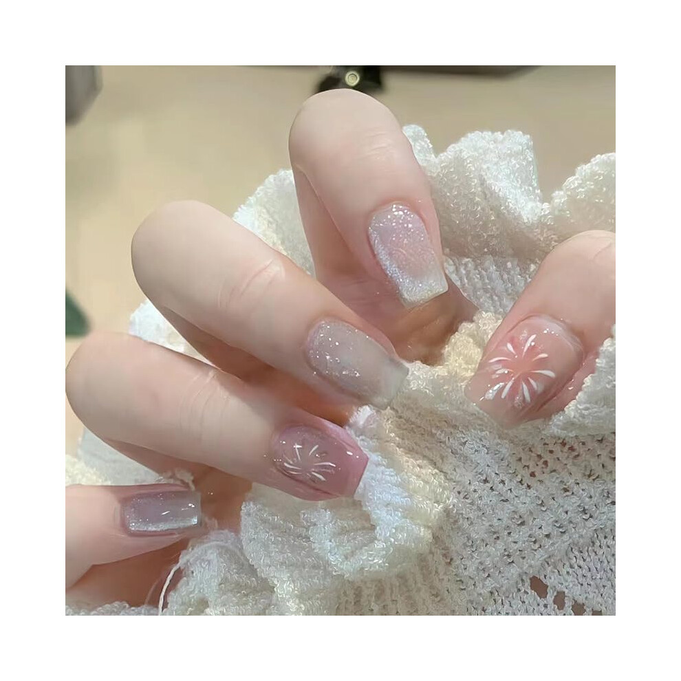Cream 24Pcs Short Coffin Press On Nails Nude Cat Eye Glitter False Nails Reusable Full Cover Ballerina