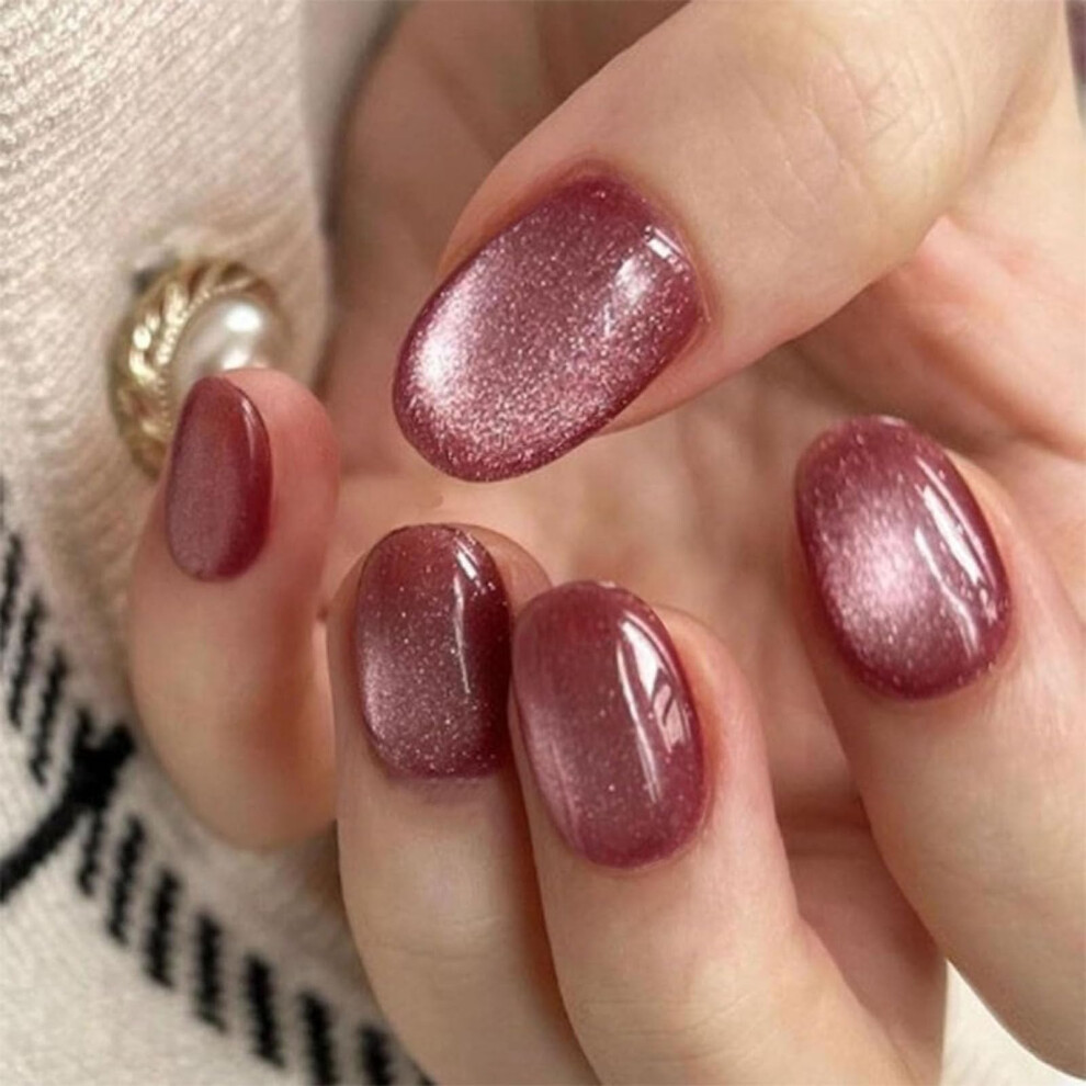 Purple Cat Eye Short Oval Press On Nails With Glitter, Reusable Fake Nails For Women, 24Pcs