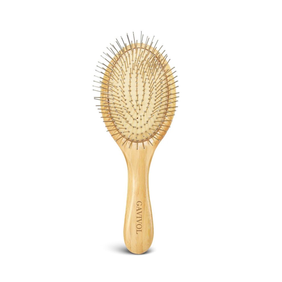 Bamboo Hair Brush with Metal Bristles for AntiStatic Detangling and Scalp Massage, Wooden Handle