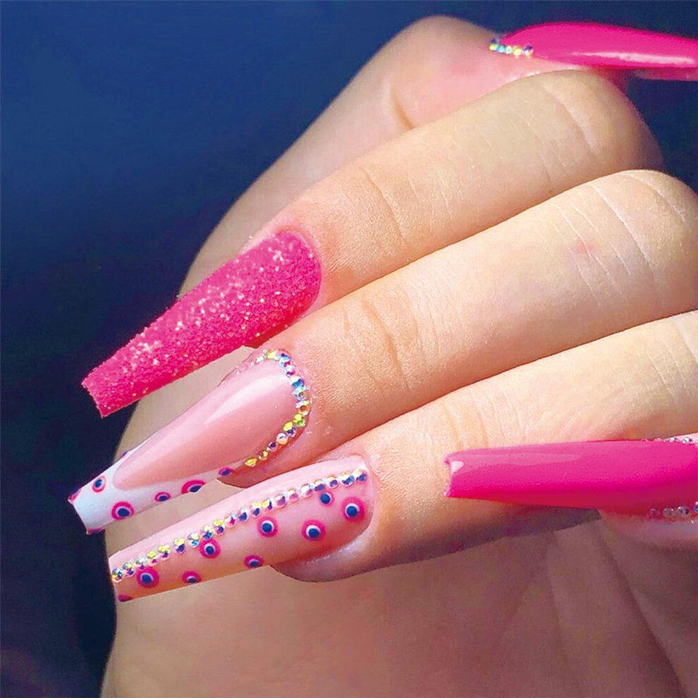 Pink Long Coffin Press On Nails With Glue Glitter 3D Rhinestone Fake Nail Set 24Pcs