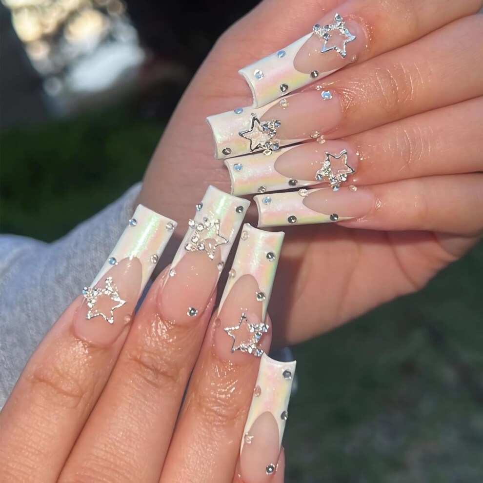 White Long Square Press On Nails With Glue, Chrome Bling French Tip Acrylic False Nails, 24Pcs