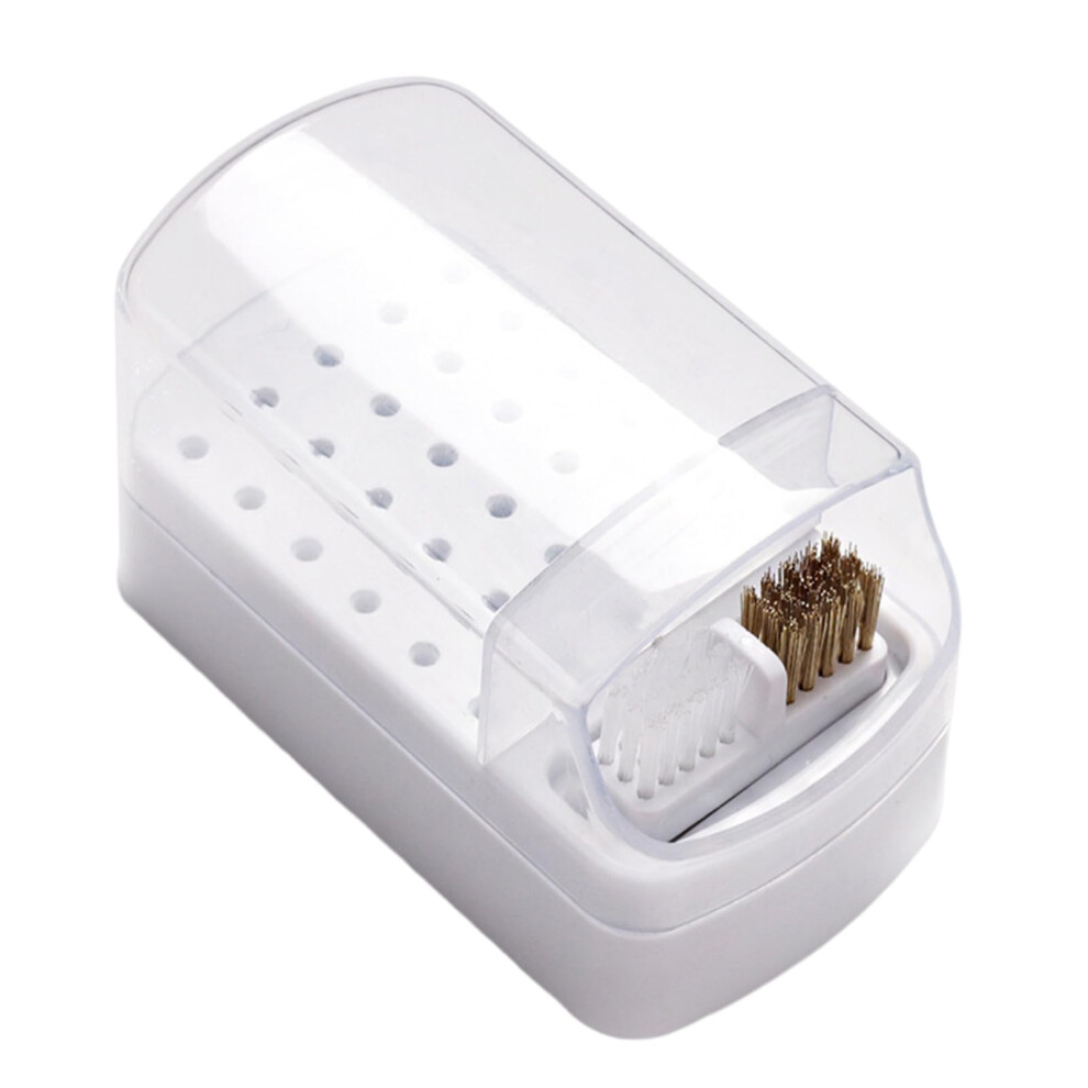 White Nail Drill Bit Holder With Dustproof Cover, 30Hole Organizer Box With Dual Cleaning Brush,