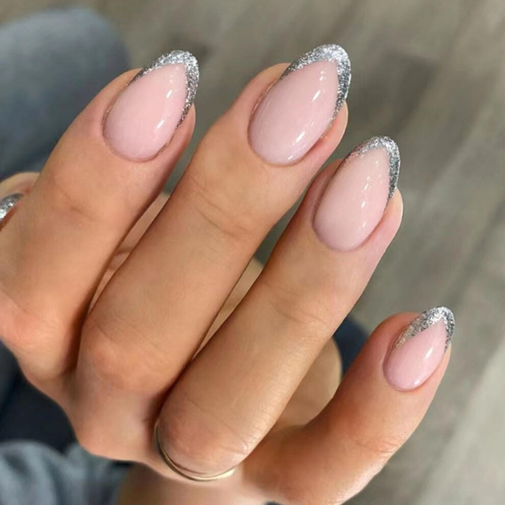 Short Almond Press on Nails Silver Glitter Fake Nails Glue on Nails for Women 24 Pcs