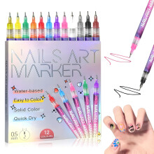12 Colors Nail Art Pens Set, 0.5mm Fine Tip WaterBased Markers for DIY Manicure and 3D Design