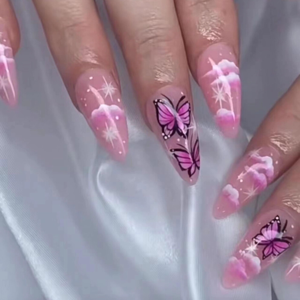 Pink Medium Almond Press On Nails Stiletto Acrylic False Nails Reusable 24Pcs