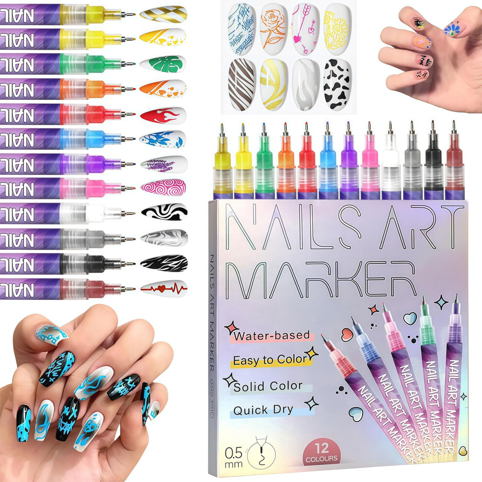Nail Art Pens 12 Vivid Colors 0.5mm Fine Tip QuickDry Nail Marker Pens for DIY Design and Salon Use