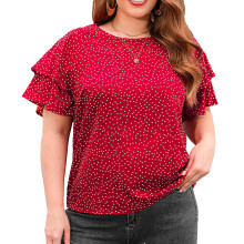 Ademende blouse met stippenpatroon en losse pasvorm, elegante lichtgewicht top voor dames met dubbele ruchesmouwen, geschikt voor kantoor, thuis, een