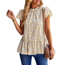 Damenbluse mit Blumenmuster, Rüschenbesatz, Kurzarm, Stehkragen, eleganter und schicker Boho-Stil, weiches, leichtes Material, lässige, lockere
