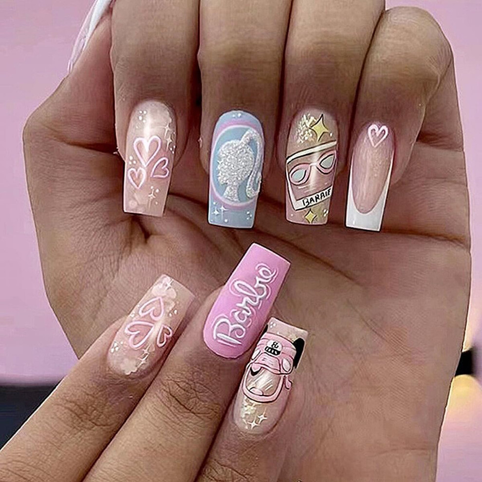Pink Coffin Press On Nails Kit Glitter Reusable Fake Nails With Adhesive Pads For Women 24Pcs