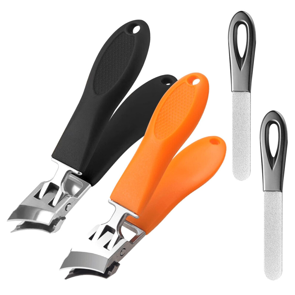 2 PCS Wide Jaw Nail Clippers for Thick Nails, Slanted Stainless Steel Toenail Clippers with File