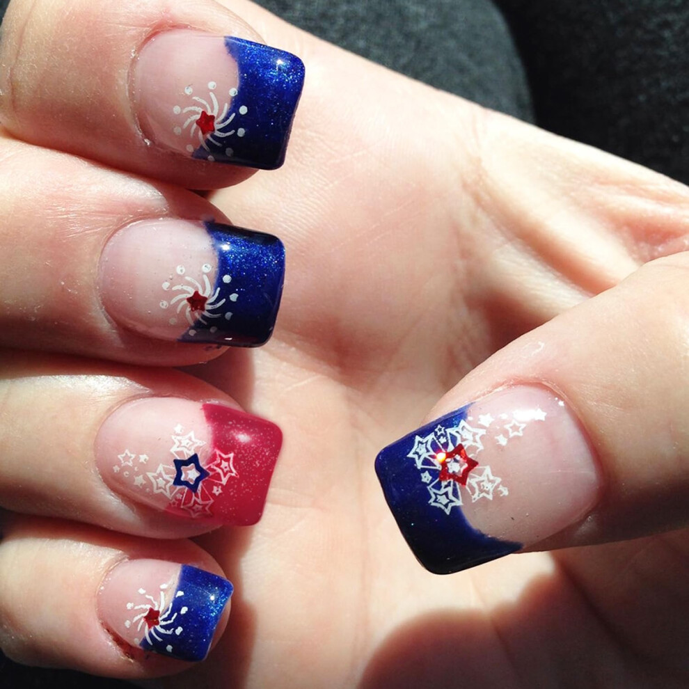 Short Square French Tip Press On Nails with Stars Glitter, 4th of July Patriotic False Nails Set