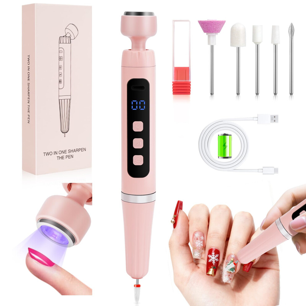 Cordless Electric Nail Drill with UV Lamp, Rechargeable Nail File for Acrylic and Gel Nails, Pink