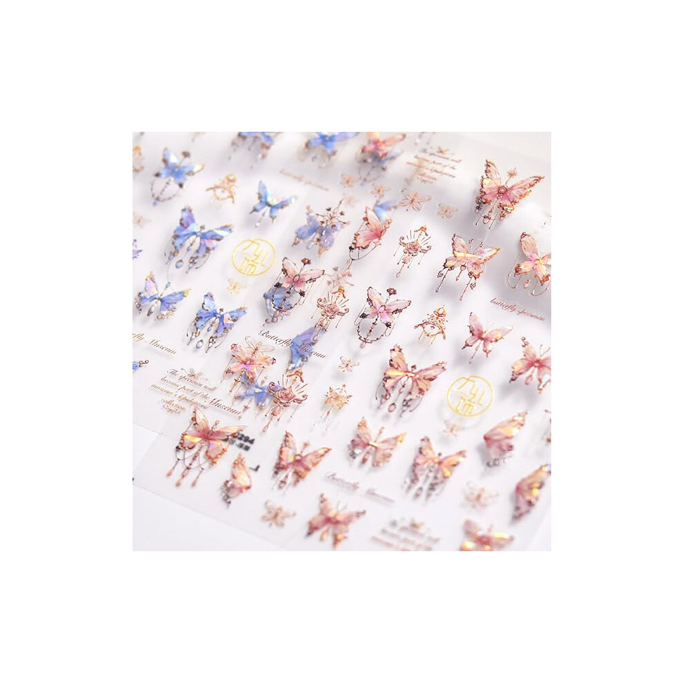 Pink/Blue Butterfly Nail Stickers 5D Embossed Aurora Nail Art Decals For Gel Decoration