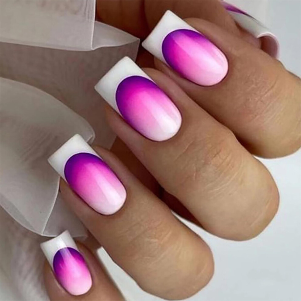 Purple Press On Nails Gradient Medium Square Fake Acrylic Nails Glossy Reusable Coffin Set 24Pcs
