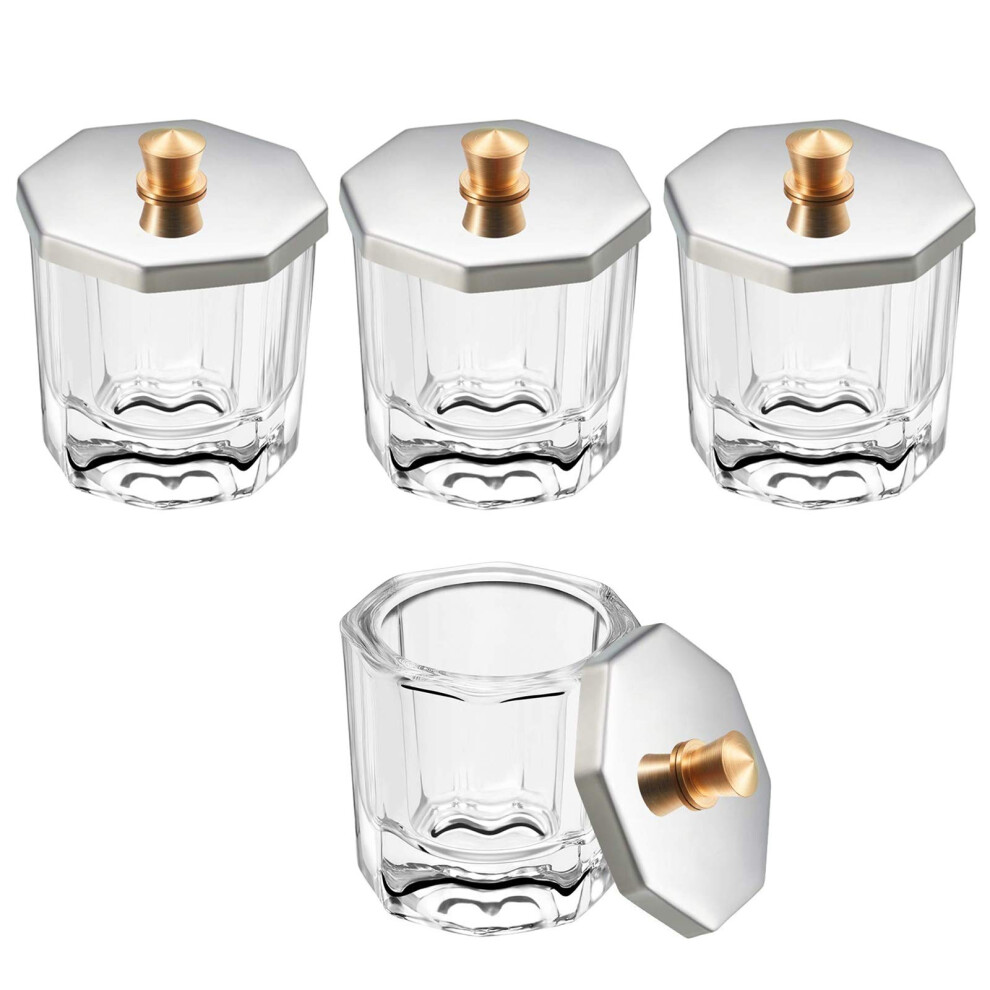 Crystal Glass Dappen Dish with Stainless Steel Lid for Acrylic Nails Monomer Powder, 4 Pieces Octagon