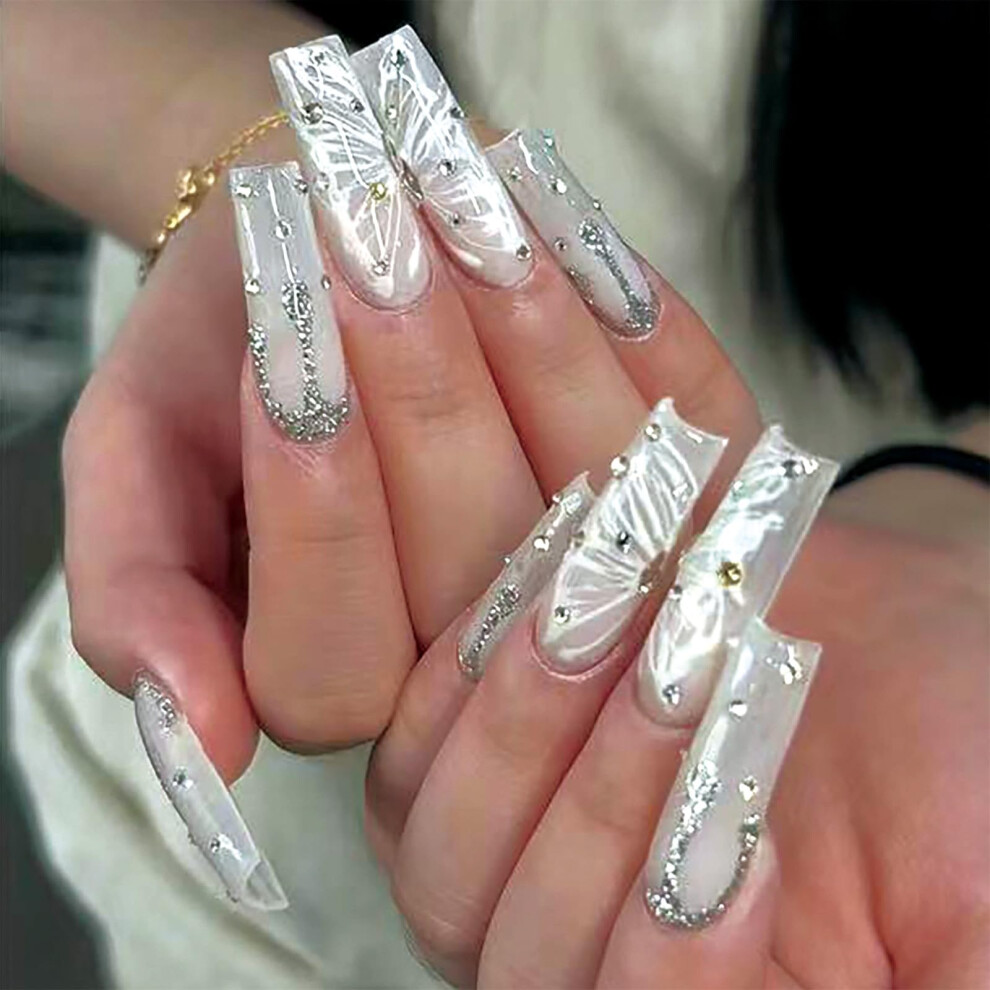 Silver Long Square Press On Nails With Glue 24Pcs Butterfly Glitter Fake Nails For Quick Salon Look