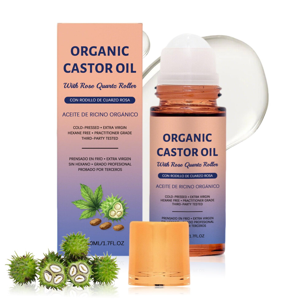 Organic Castor Oil Roller with Rose Quartz for Skin, Brows and Lashes, 1.7 fl oz Cold Pressed