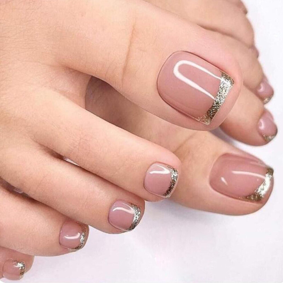 Press On Toenails Short Square Glitter French Tip Acrylic Fake Toenails Set with Glue 24pcs