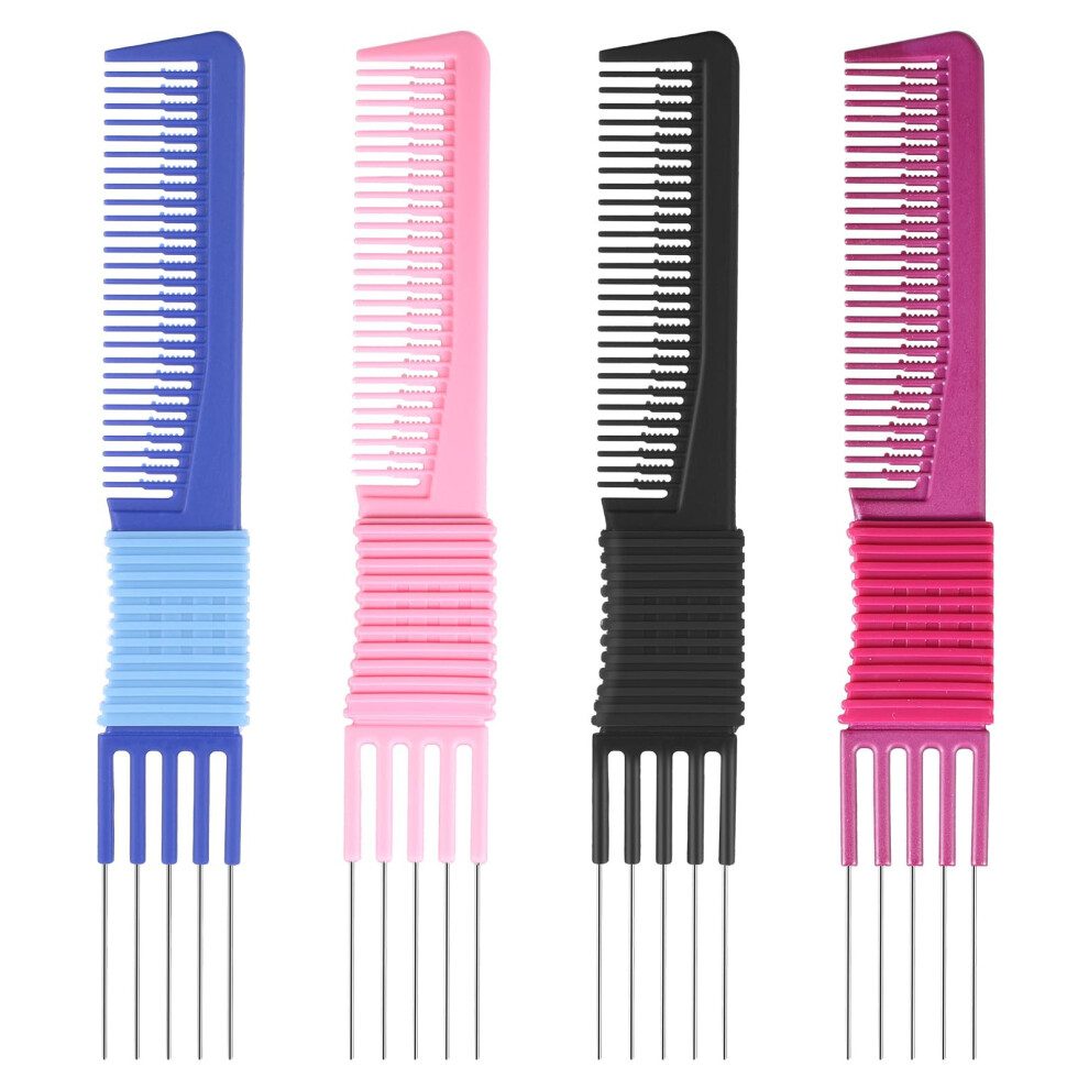 Teasing Comb 4 Pack with Metal Prongs and Stainless Steel Pins, Salon Hair Lift Fluffing Comb