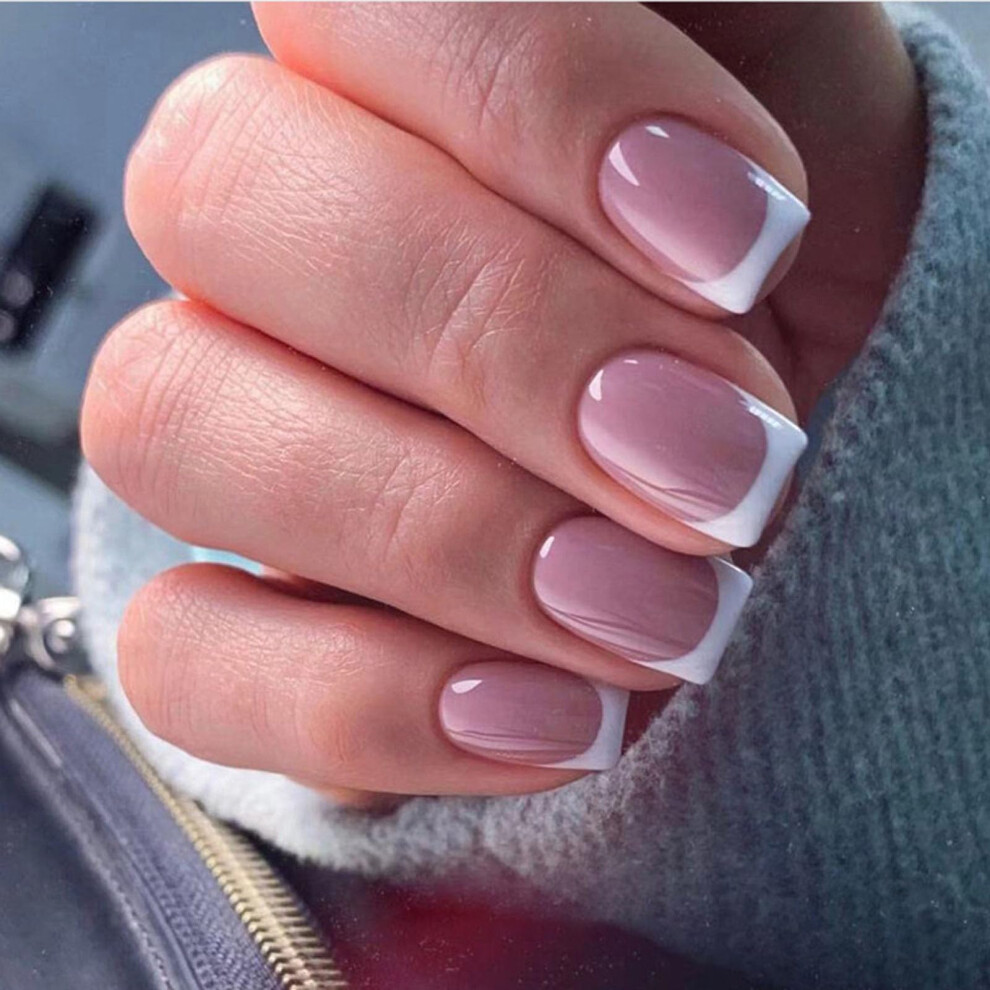 Short Square French Tip Press On Nails with Pink Base White Tips, Reusable Salon Manicure Kit