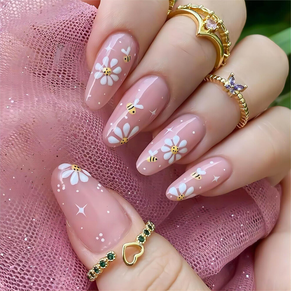 Pink Press On Nails Acrylic False Nails With Bee And Flower Designs Medium Length 24 Pcs