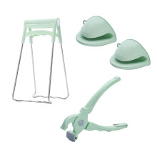 Hot Plate Gripper and Bowl Clip Set, Stainless Steel HeatResistant Tongs with Silicone Mitts, 4 Pack Nordic Green for Microwave Oven Steamer