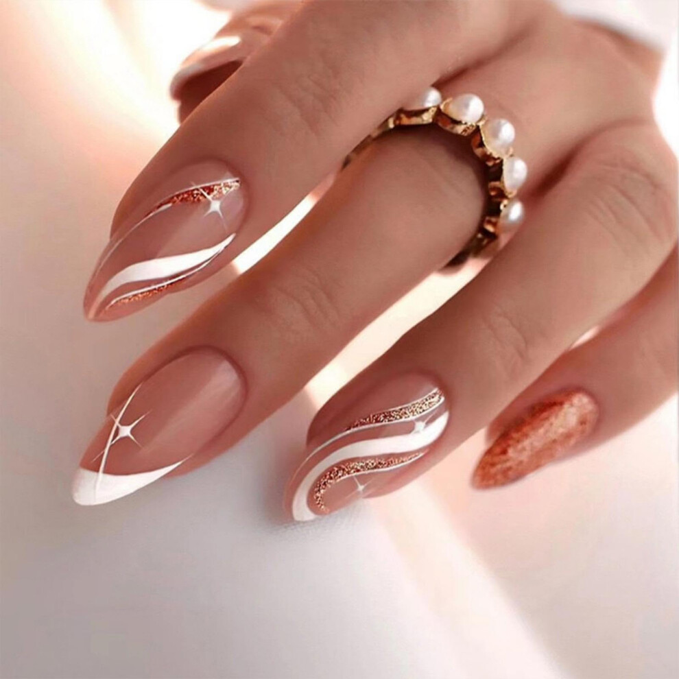Gold Almond Shape Press On Nails Glitter Fake Nails Reusable Acrylic Glossy French Tips 24Pcs