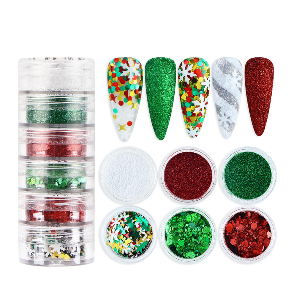 Christmas Nail Art with Holographic Glitter Snowflake and Tree Sequins, 6 Jars Holiday Acrylic Decorations