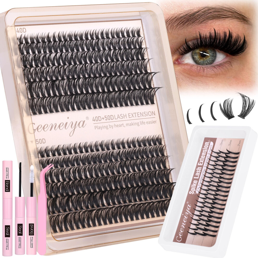 Lash Extension Kit with Wispy D Curl Spiky Cluster Lashes, Bond and Seal, 818mm for Beginners