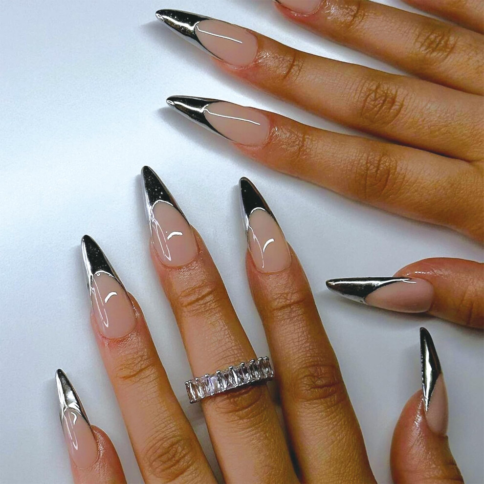 Silver Long Stiletto Press On Nails French Tip Glossy Fake Nails With Nail Glue 24Pcs Salonstyle
