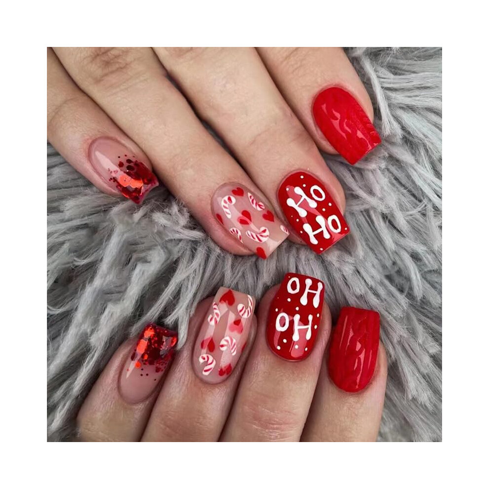 Red 24Pcs Christmas Press On Nails Medium Square Set, Glossy Acrylic False Nails For Women, Reusable Festive Manicure