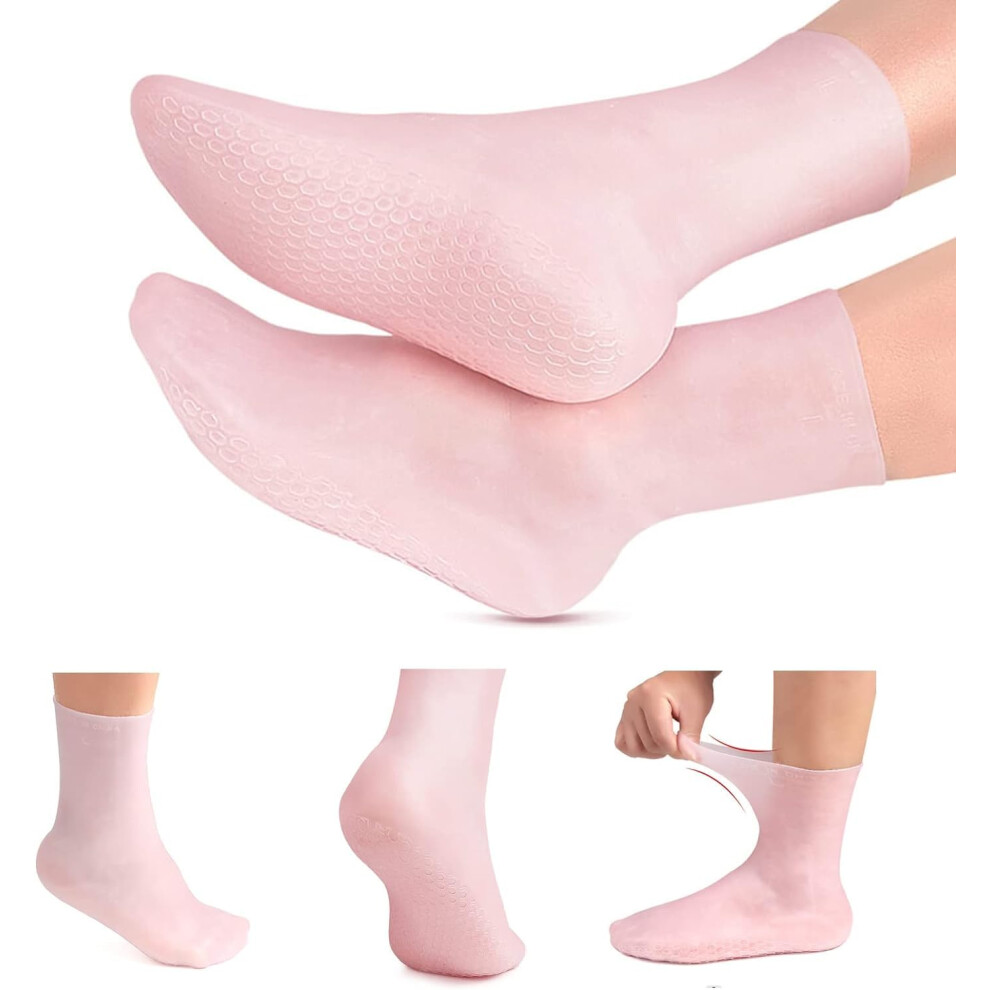 Pink 2 Pairs Moisturizing Gel Socks For Women, Aloe Infused Silicone Spa Socks For Cracked Heels And Dry Feet,