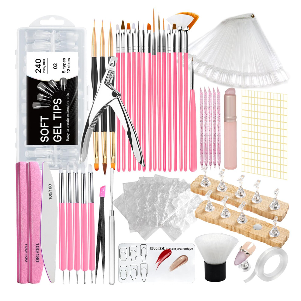 Press On Nails Kit Acrylic Nail Set with 240 Clear Tips Five Shapes Nail Stand Brushes Tools for DIY Salon