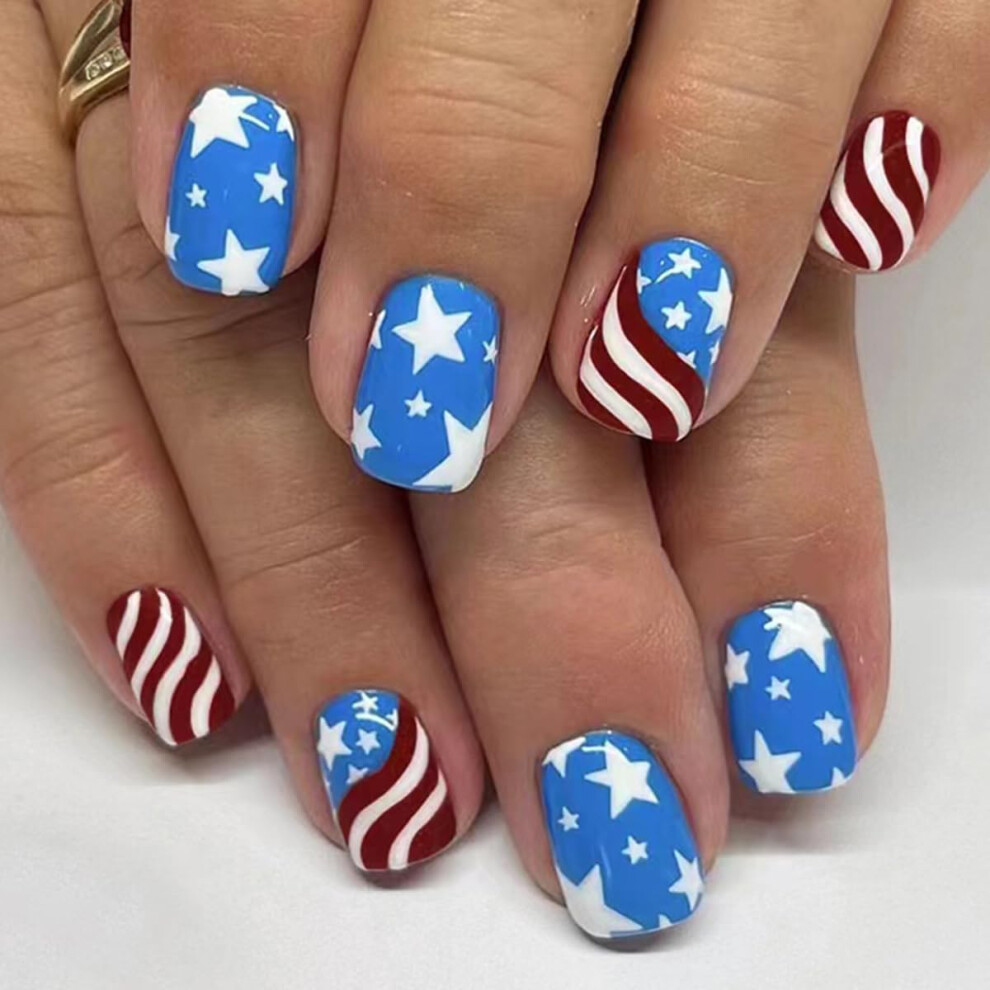 24Pcs 4th of July Press On Nails Short Square American Flag Fake Nails Patriotic Acrylic Tips
