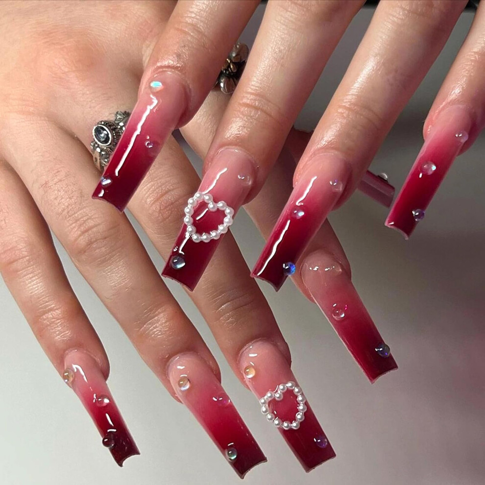 White,Red Press On Nails Long Coffin Ombre Fake Nails Wine Red Gradient Heart Pearl Design With Glue 24Pcs