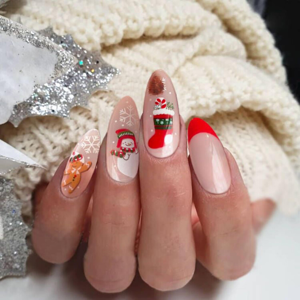 Christmas Press On Nails Almond Medium Snowflake Gingerbread Fake Nails Salon Quality 24PCS