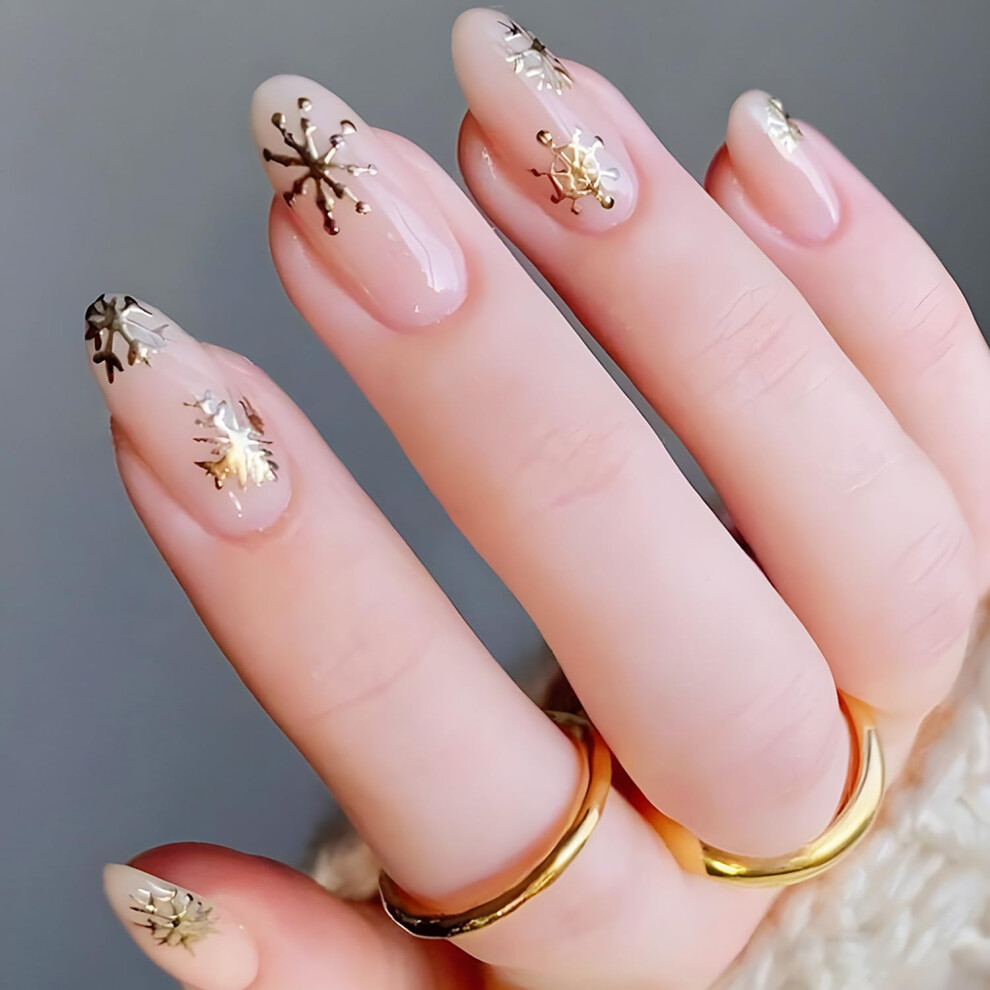 Cream,Gold Short Almond Press On Nails Christmas Nude Gold Foil Snowflake Design Reusable Acrylic Fake Nails 24Pcs