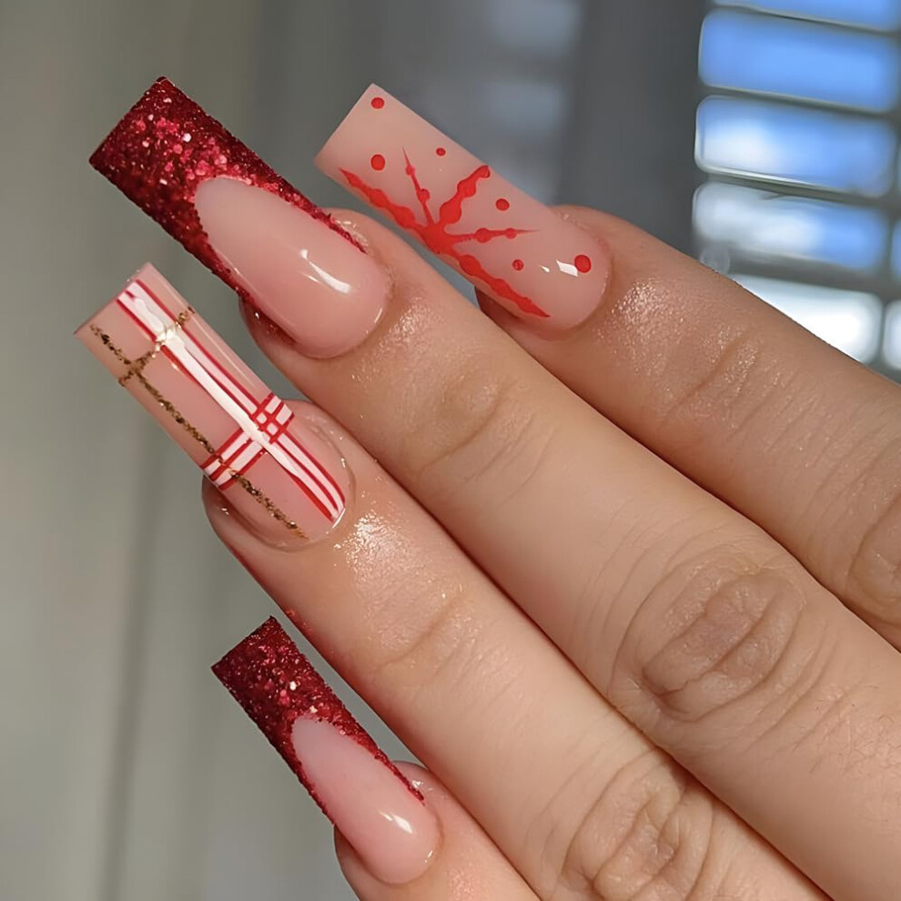 Red Christmas Press On Nails Coffin Shape Snowflake Fake Nails With Glue French Tip Glitter Glossy Full Cover Set