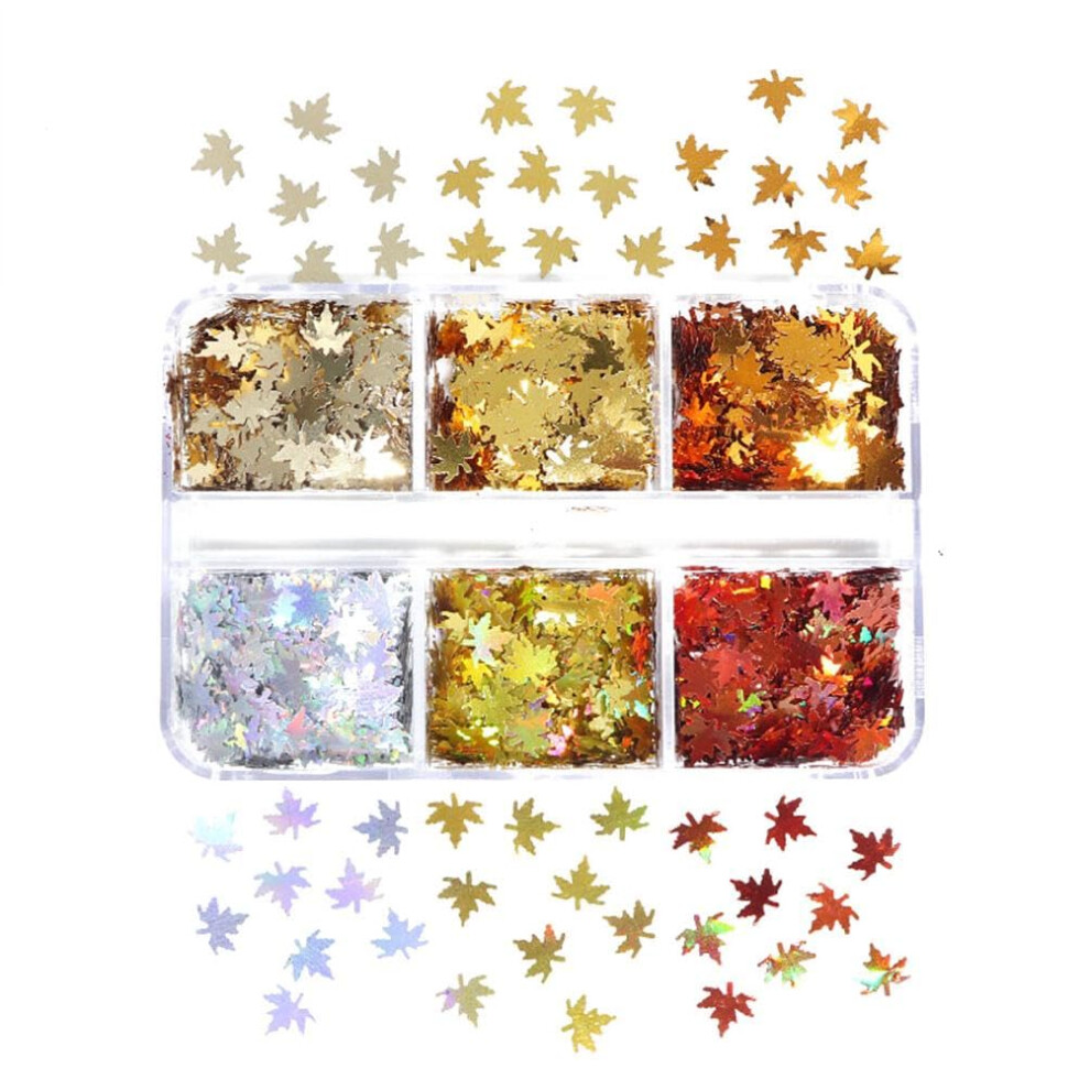 6 Grids Autumn Leaf Nail Art Glitter Flakes Holographic Maple Leaf Nail Stickers for UV Gel Decor