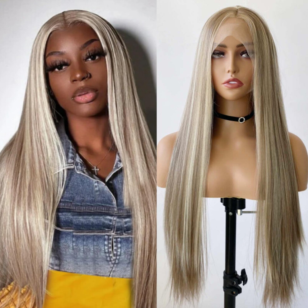 Unisex Ash Blonde Lace Front Wig Long Straight Synthetic Heat Resistant Glueless Natural Hairline