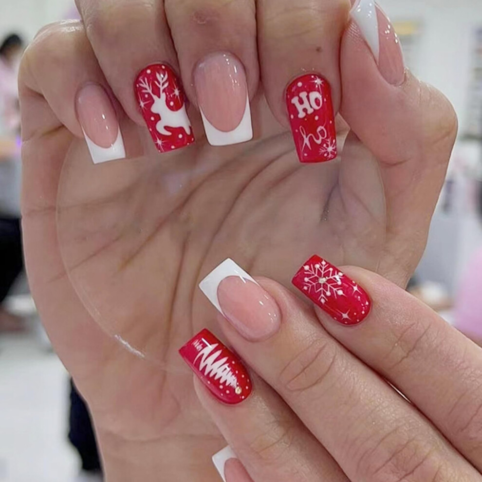 Red Christmas Fake Nails Set With Festive Reindeer Design, Longlasting Press On Nails, 24Pcs