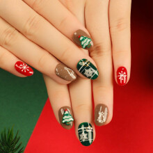 Christmas Press on Nails Set Short Oval Red Green with Snowflake and Tree Design 24Pcs Holiday Fake Nails