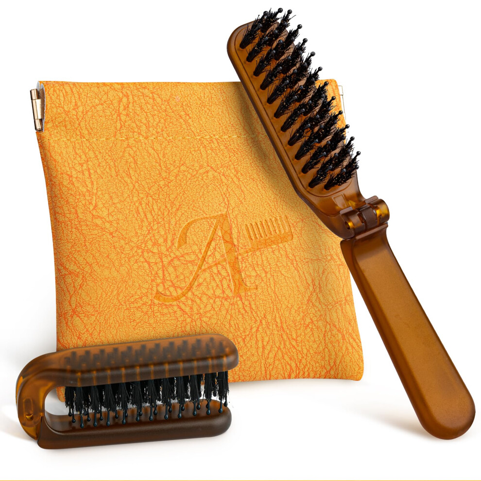Foldable Boar Bristle Travel Hair Brush with Nylon Bristles for All Hair Types, Mini Compact 1Pack