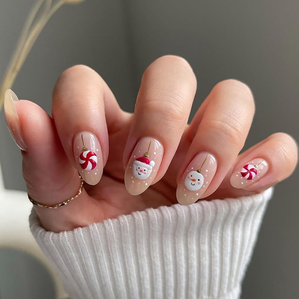 White,Red,Cream Christmas Press On Nails Short Almond Shape, Cute Nude Red White Holiday Fake Nails Santa Snowflake Snowman Design Reusable Set